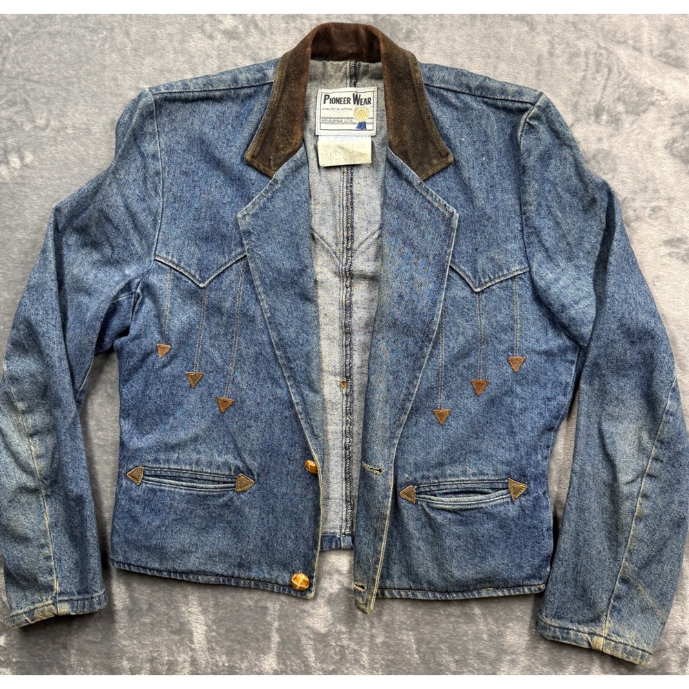 VTG 80s Pioneer Wear Denim Western Jacket southwest Leather Trim Blue Sz 40 USA